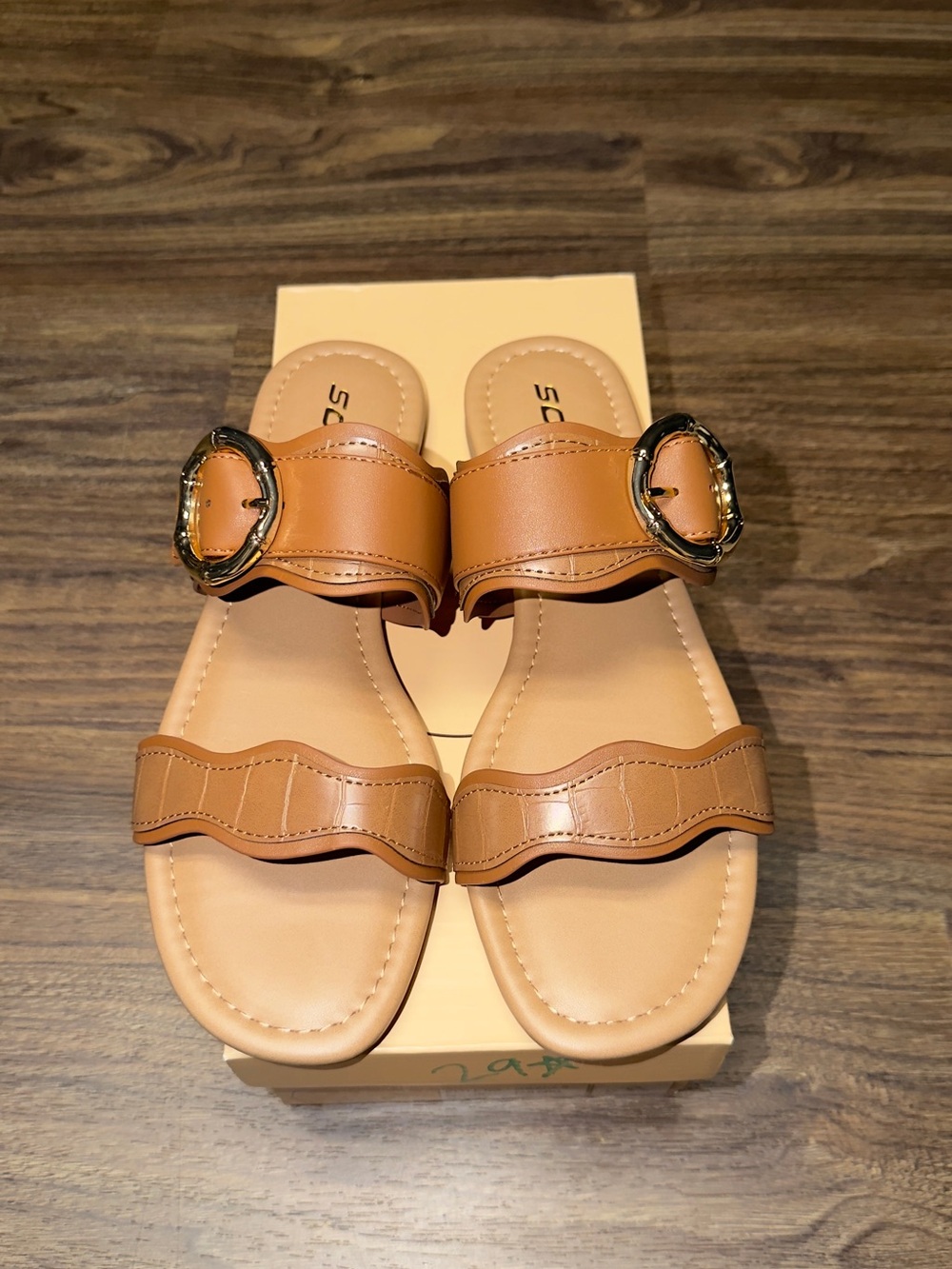 Soda Tan Double-Strap Slide Sandals with Decorative Buckles